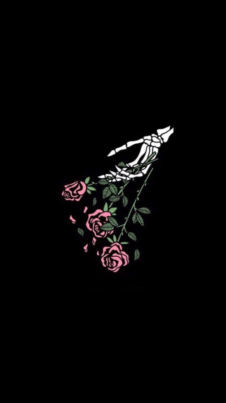 A Black Background With A Skeleton And Roses