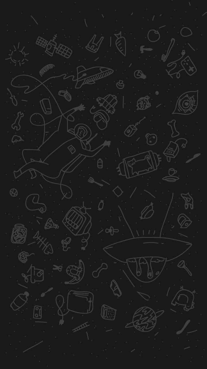 A Black Background With A Spaceship And Other Objects Background