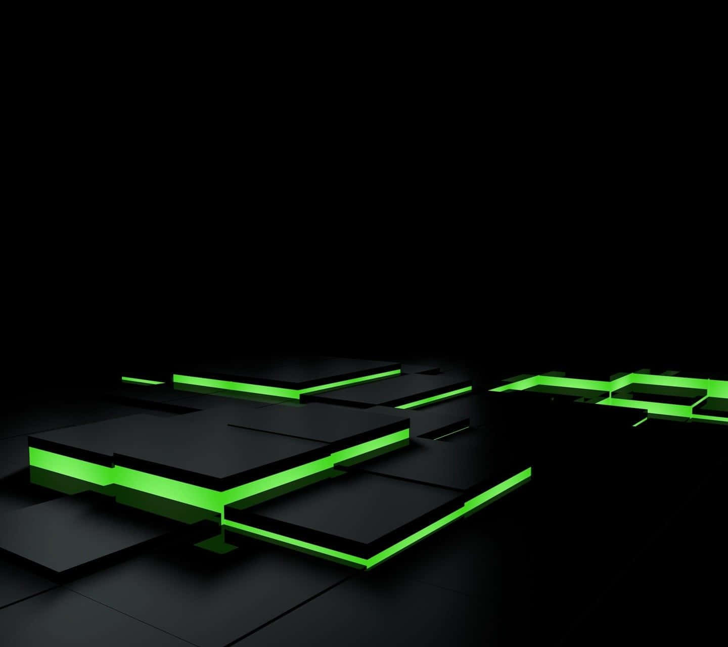 A Black Background With Green Lights And Squares