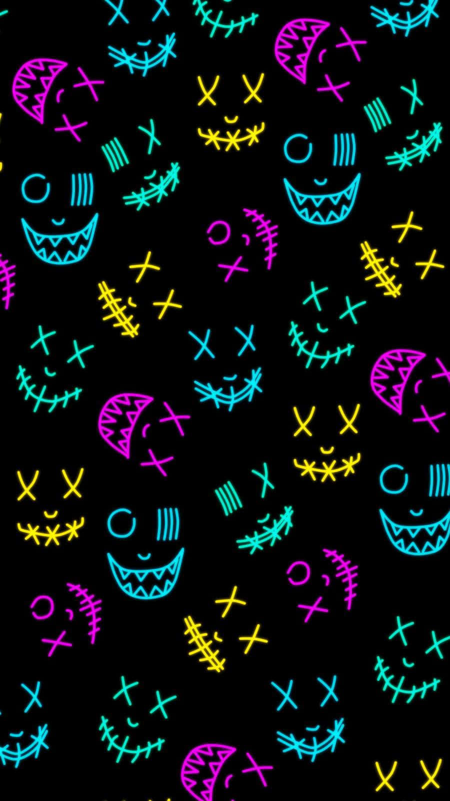 A Black Background With Many Neon Faces Background