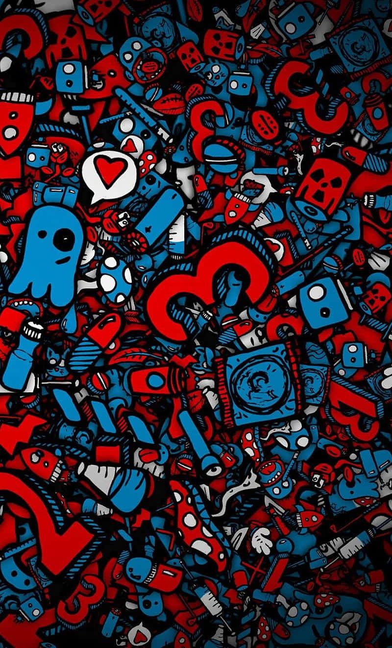 A Black Background With Many Red And Blue Doodles Background