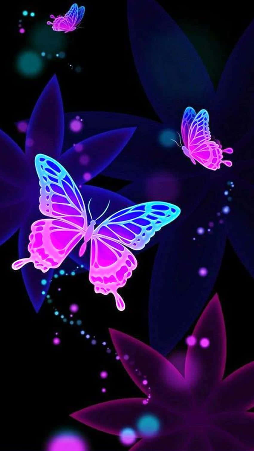 A Black Background With Pink And Blue Butterflies Background