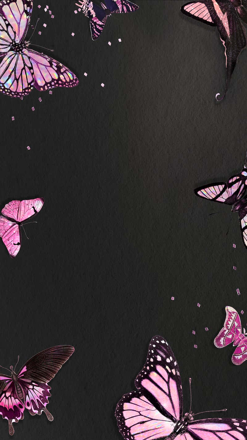 A Black Background With Pink Butterflies On It Background