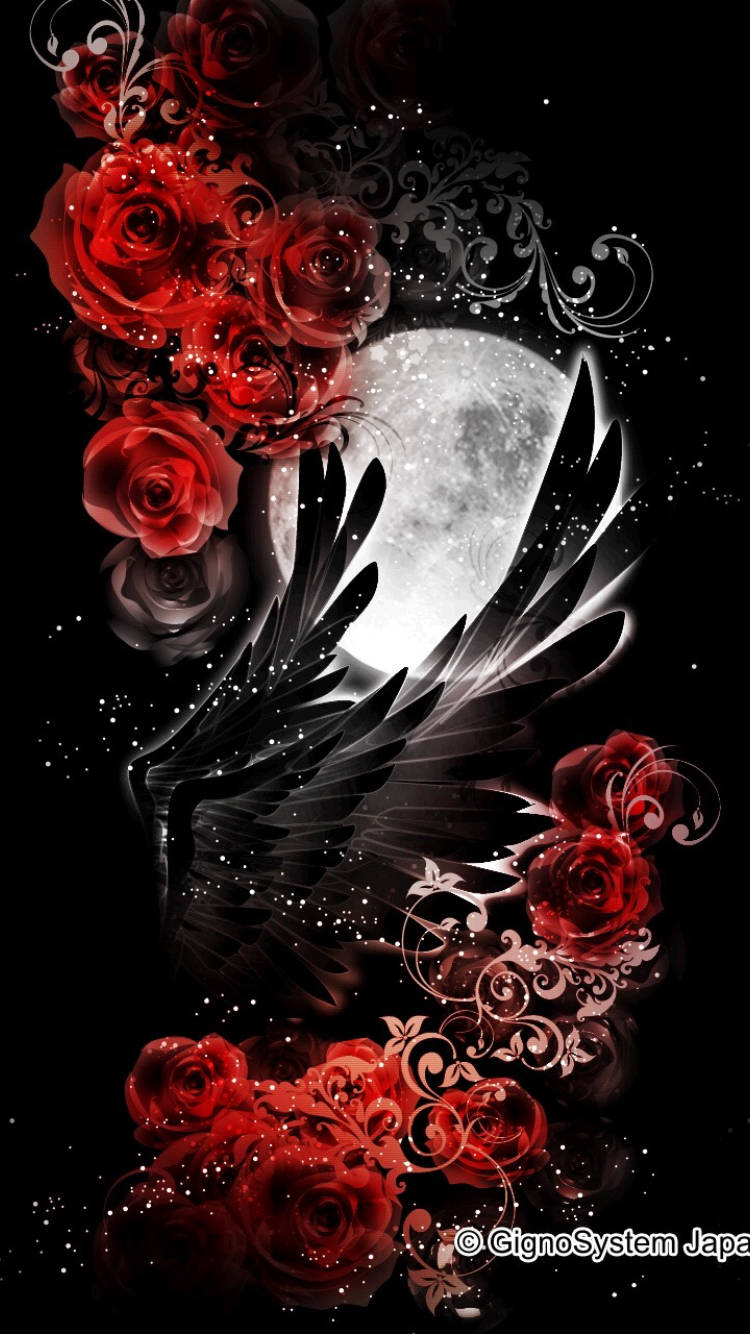 A Black Background With Red Roses And A Moon