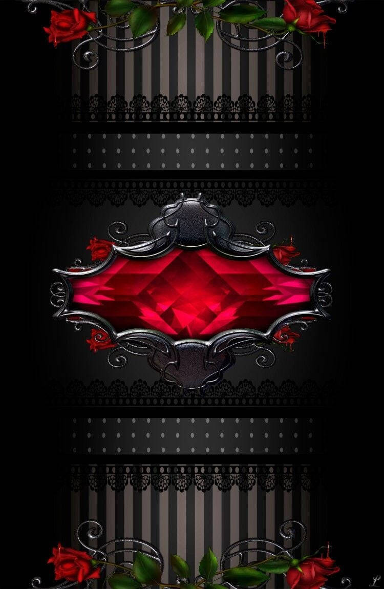 A Black Background With Red Roses And A Red Jewel