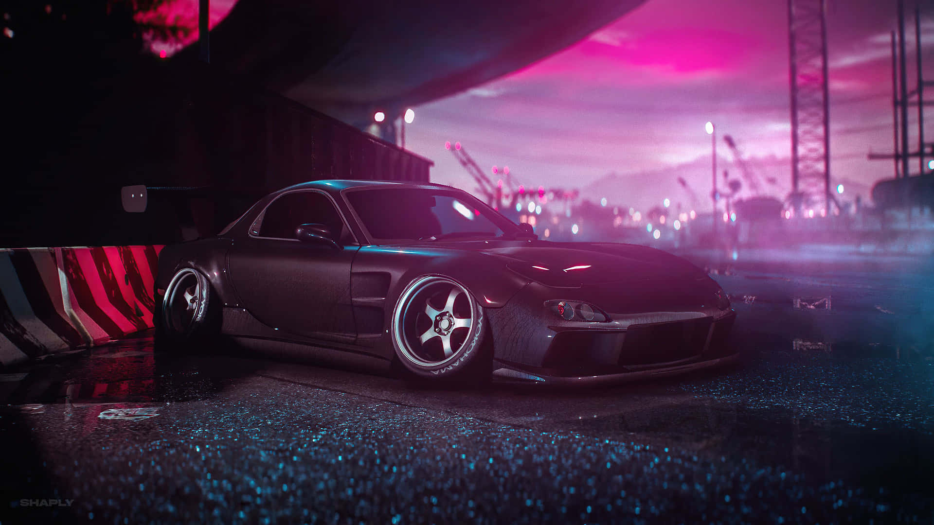 A Black Car Is Parked In A Parking Lot At Night Background