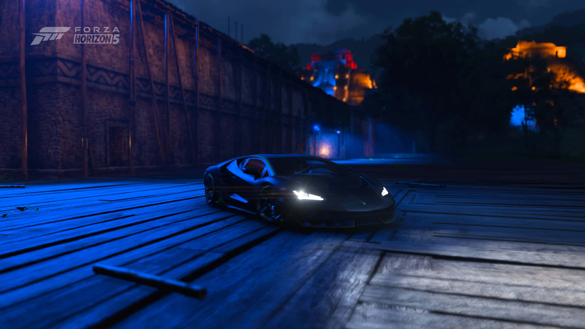 A Black Car Is Parked On A Wooden Bridge Background