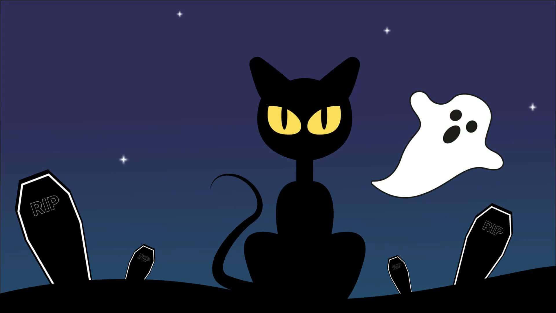 A Black Cat And Ghost In The Cemetery