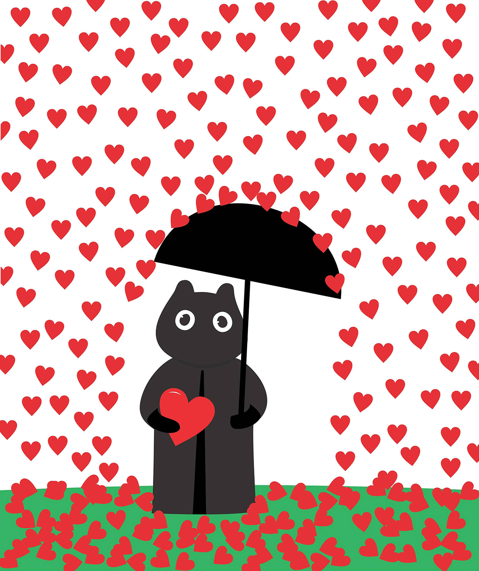 A Black Cat Holding An Umbrella In A Field Of Hearts Background