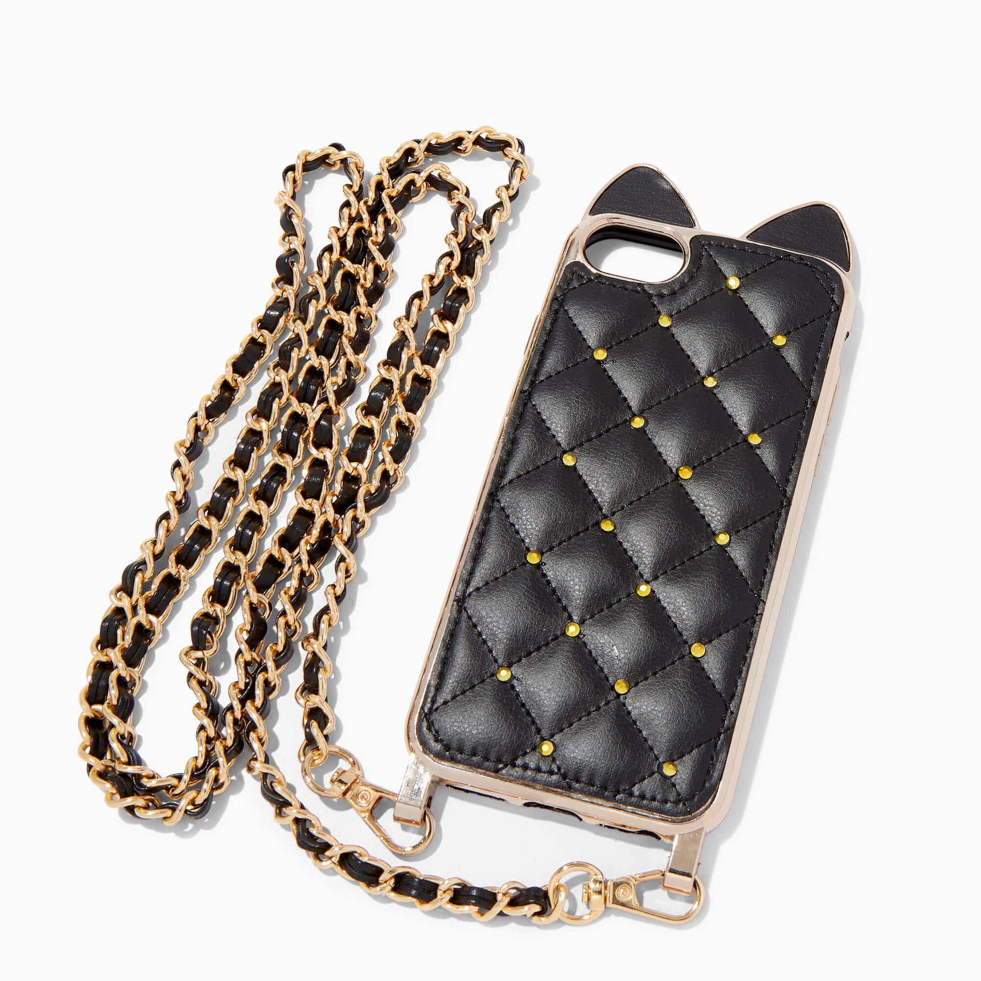 A Black Cat Phone Case With A Chain Attached To It Background