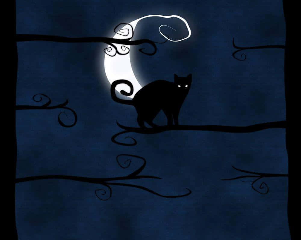 A Black Cat Sitting On A Branch With A Moon In The Background Background