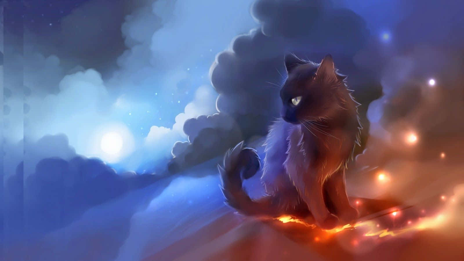 A Black Cat Sitting On A Cloud With Fire Background