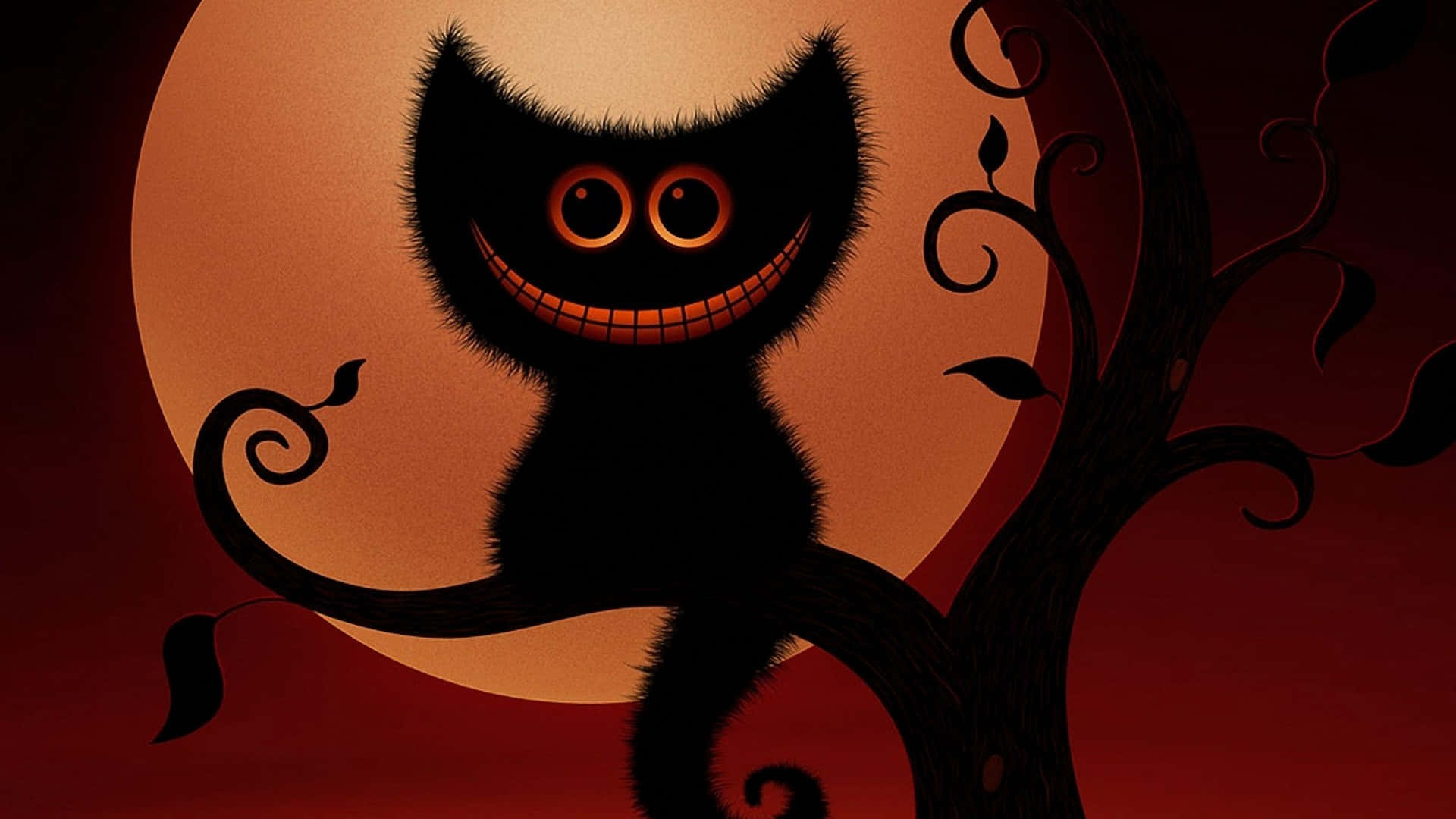 A Black Cat Sitting On A Tree In Front Of A Full Moon Background
