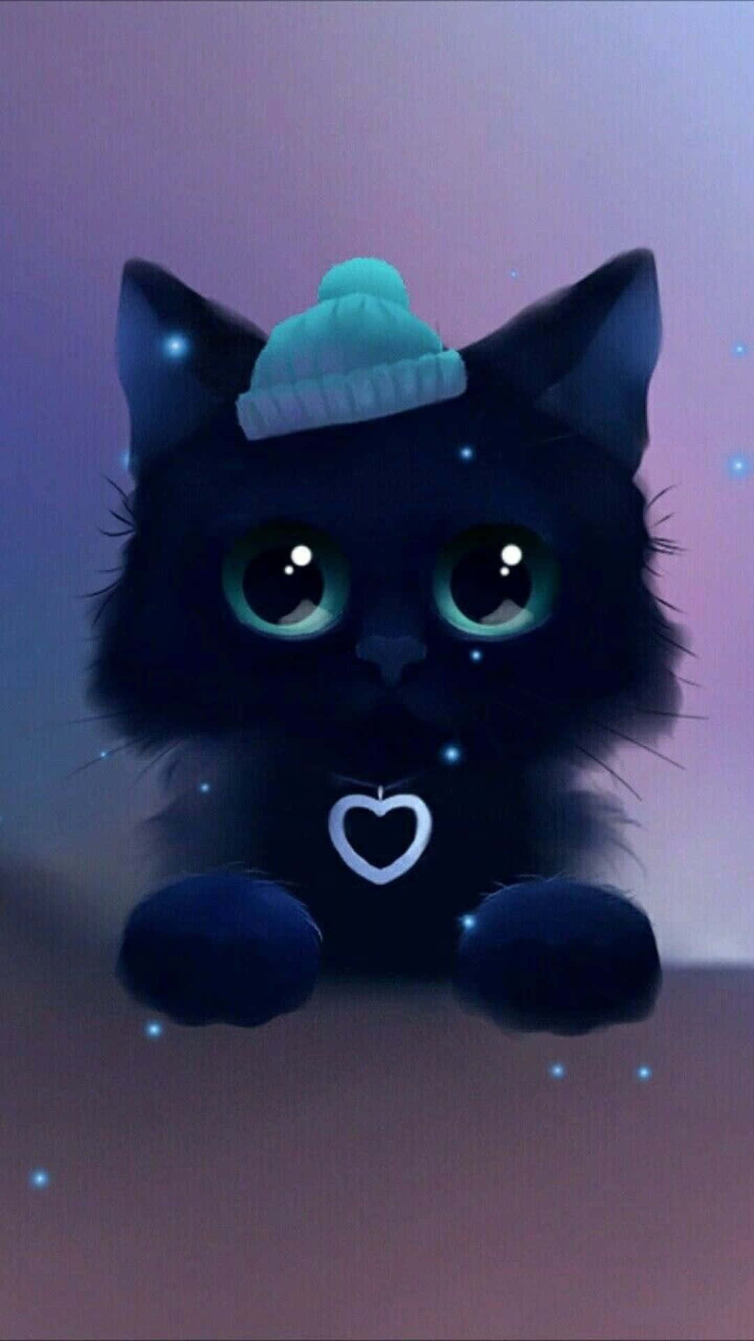 A Black Cat With A Blue Hat And A Heart Background