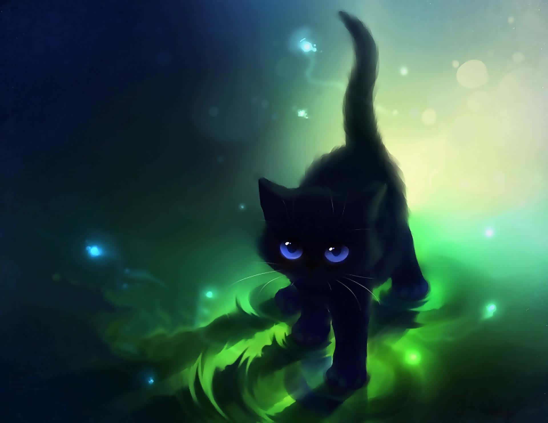 A Black Cat With Blue Eyes Walking On A Green Background Background