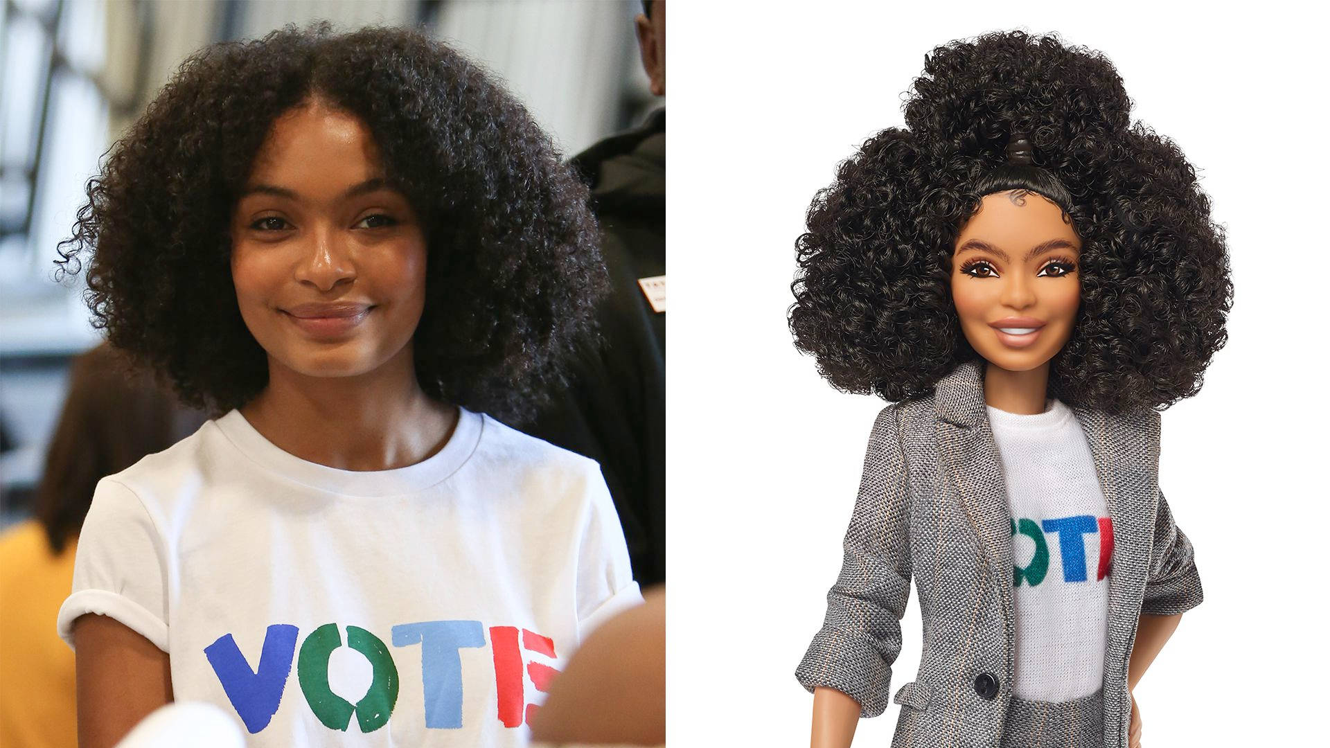 A Black Doll With A T - Shirt And A Wig Background