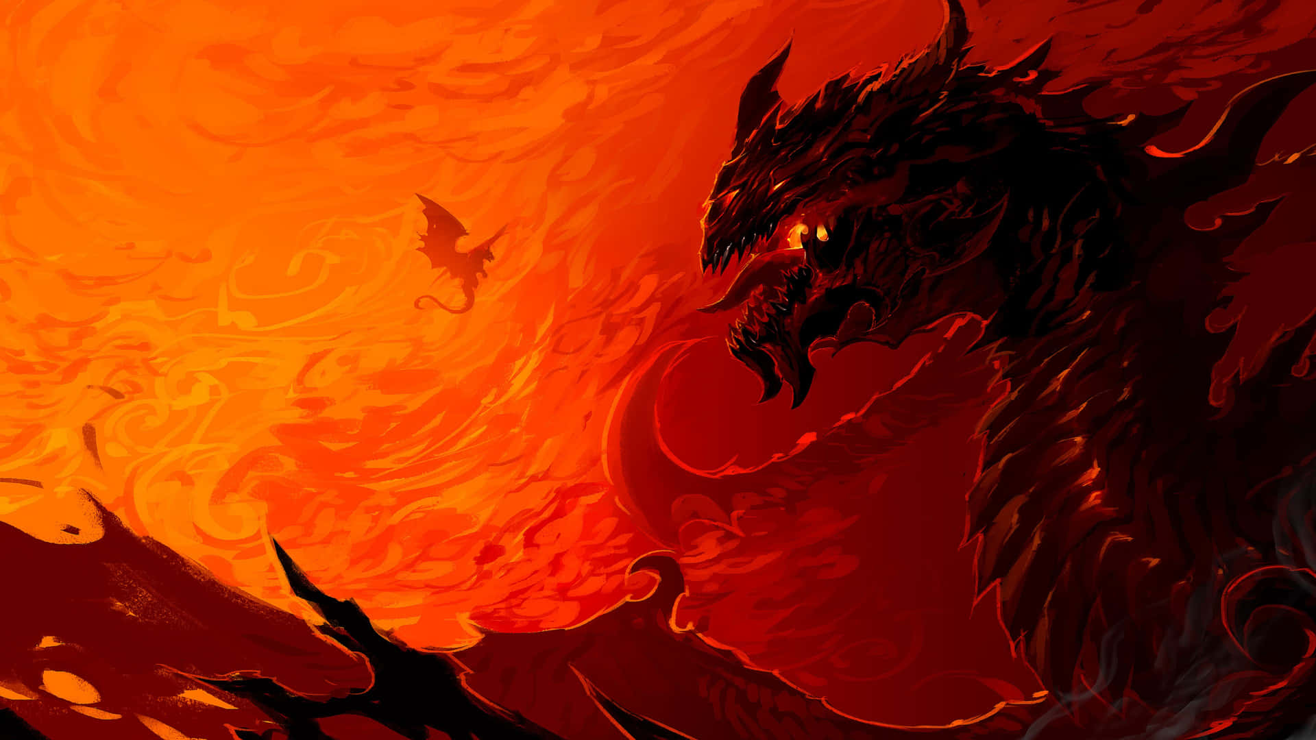 A Black Dragon With Flames And Fire Background