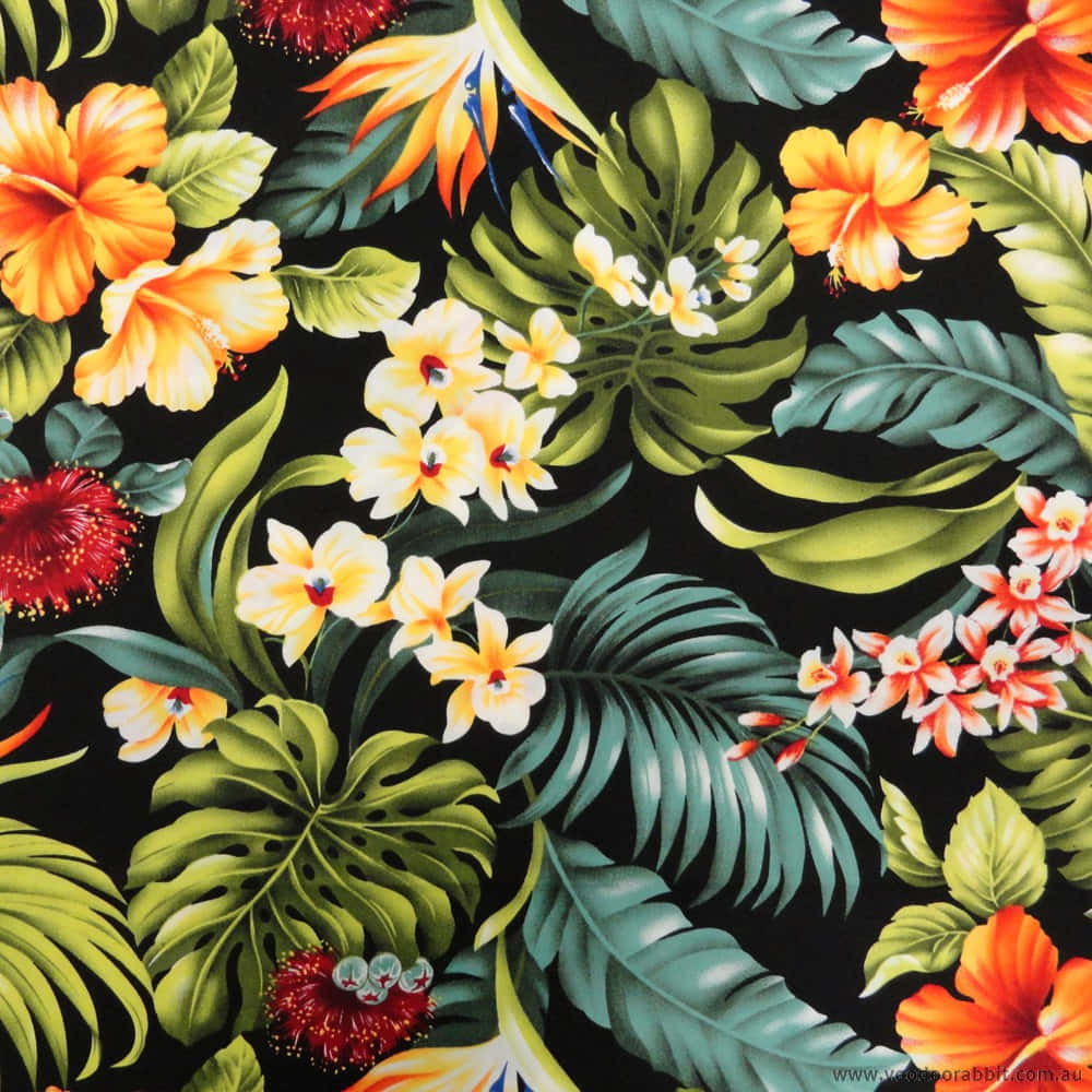 A Black Fabric With Tropical Flowers And Leaves Background