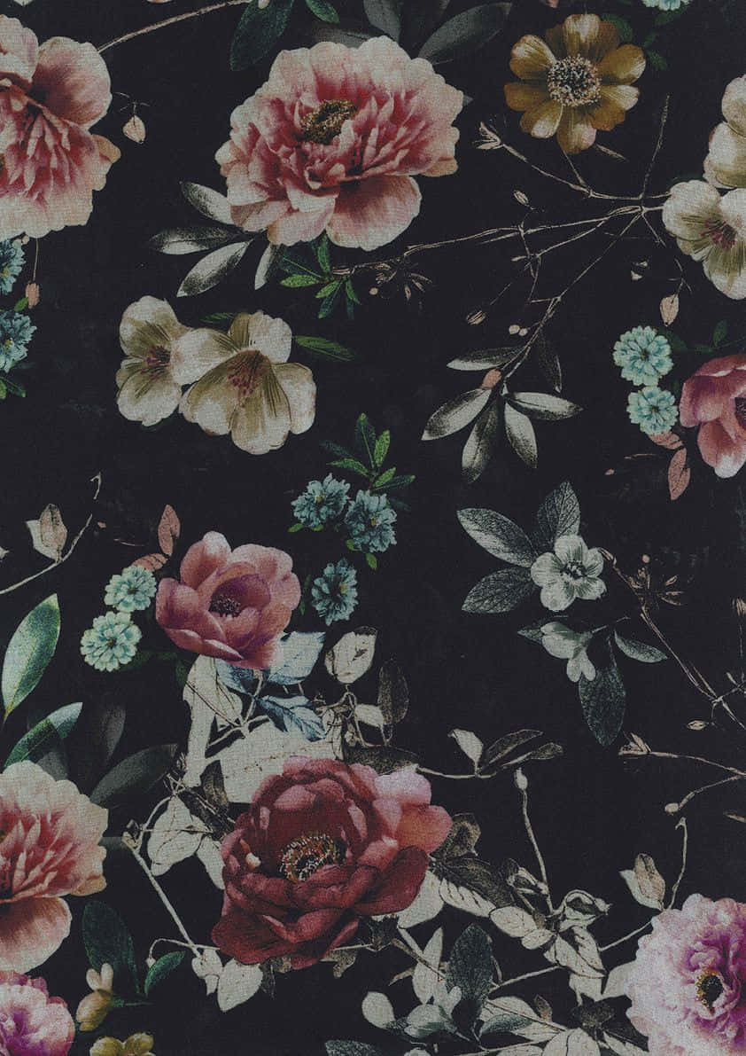A Black Floral Wallpaper With Flowers On It Background