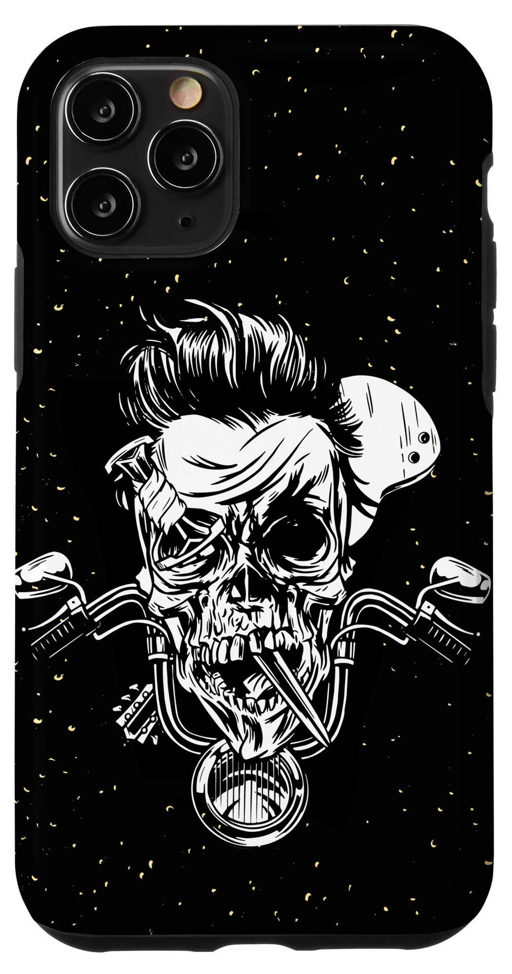 A Black Phone Case With A Skull And A Motorcycle On It