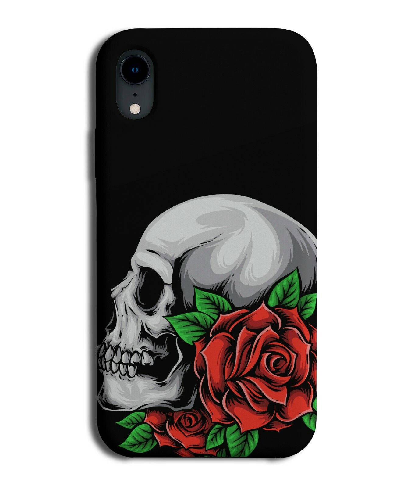 A Black Phone Case With A Skull And Roses