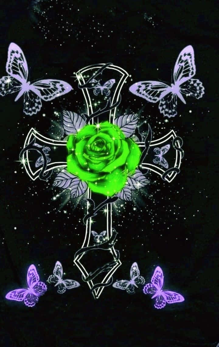 A Black Shirt With A Green Rose And Butterflies Background