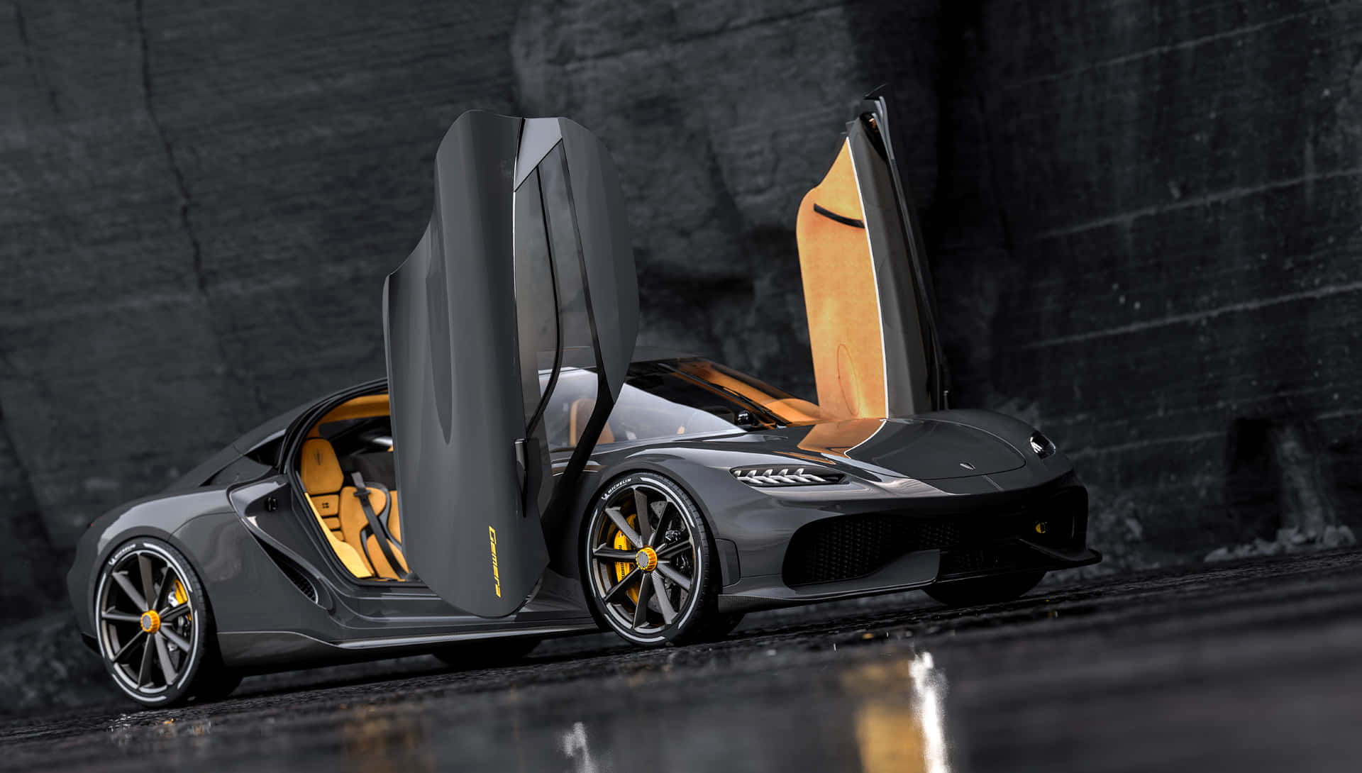 A Black Sports Car With Open Doors Background