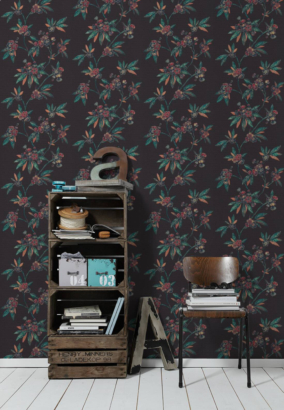 A Black Wall With A Floral Pattern Background