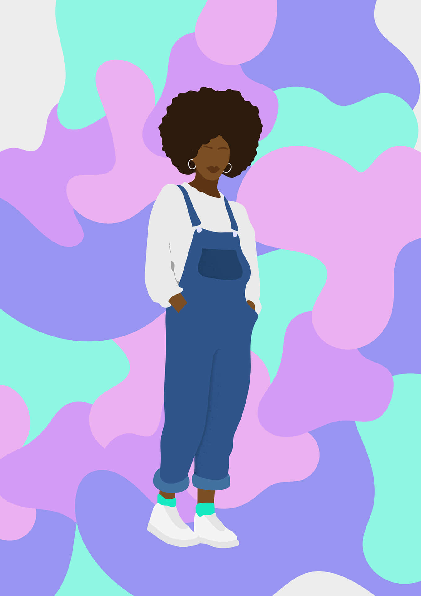 A Black Woman In Overalls Standing On A Colorful Background