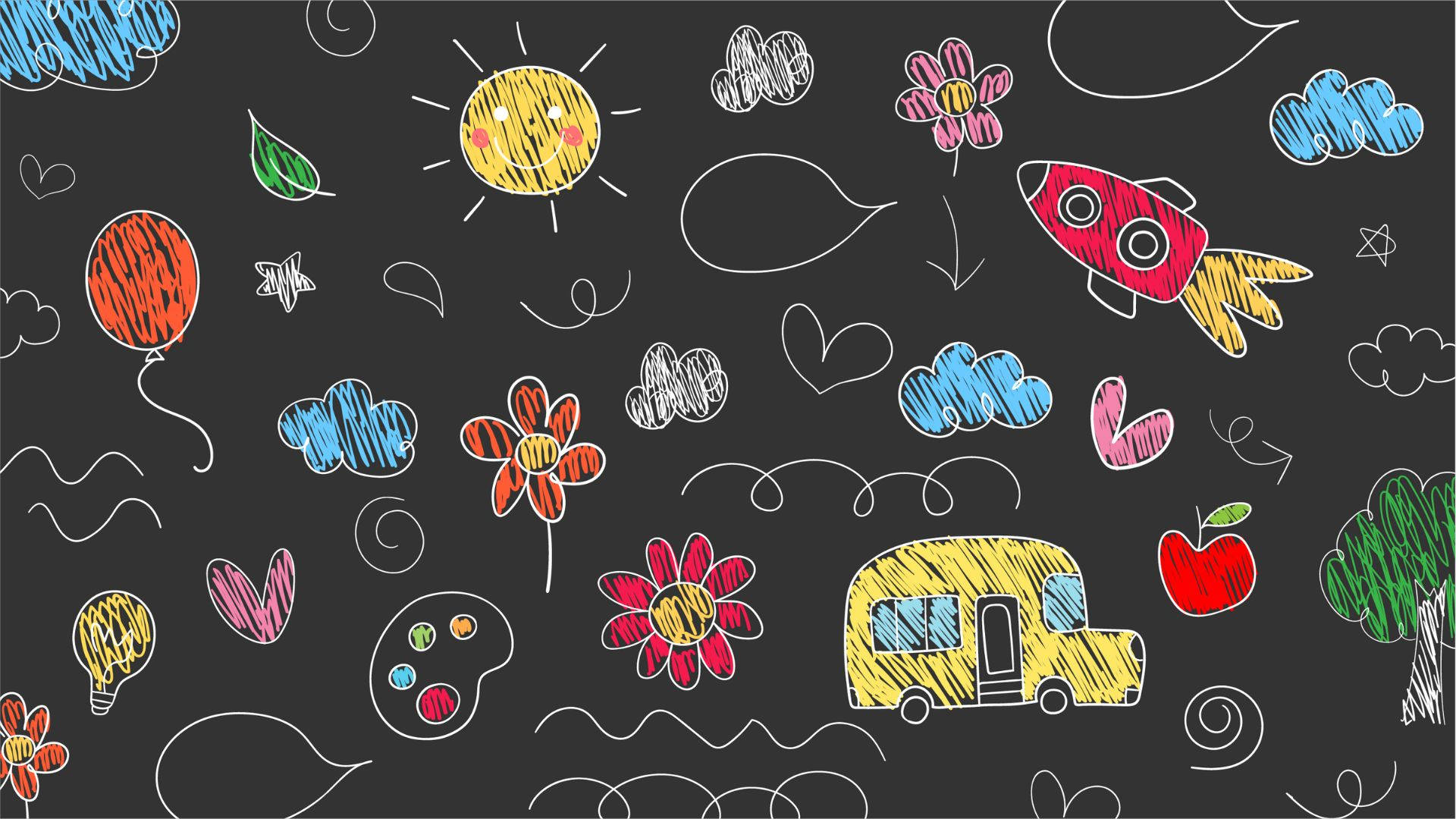 A Blackboard With A Drawing Of A Car, A Truck, And Other Objects Background