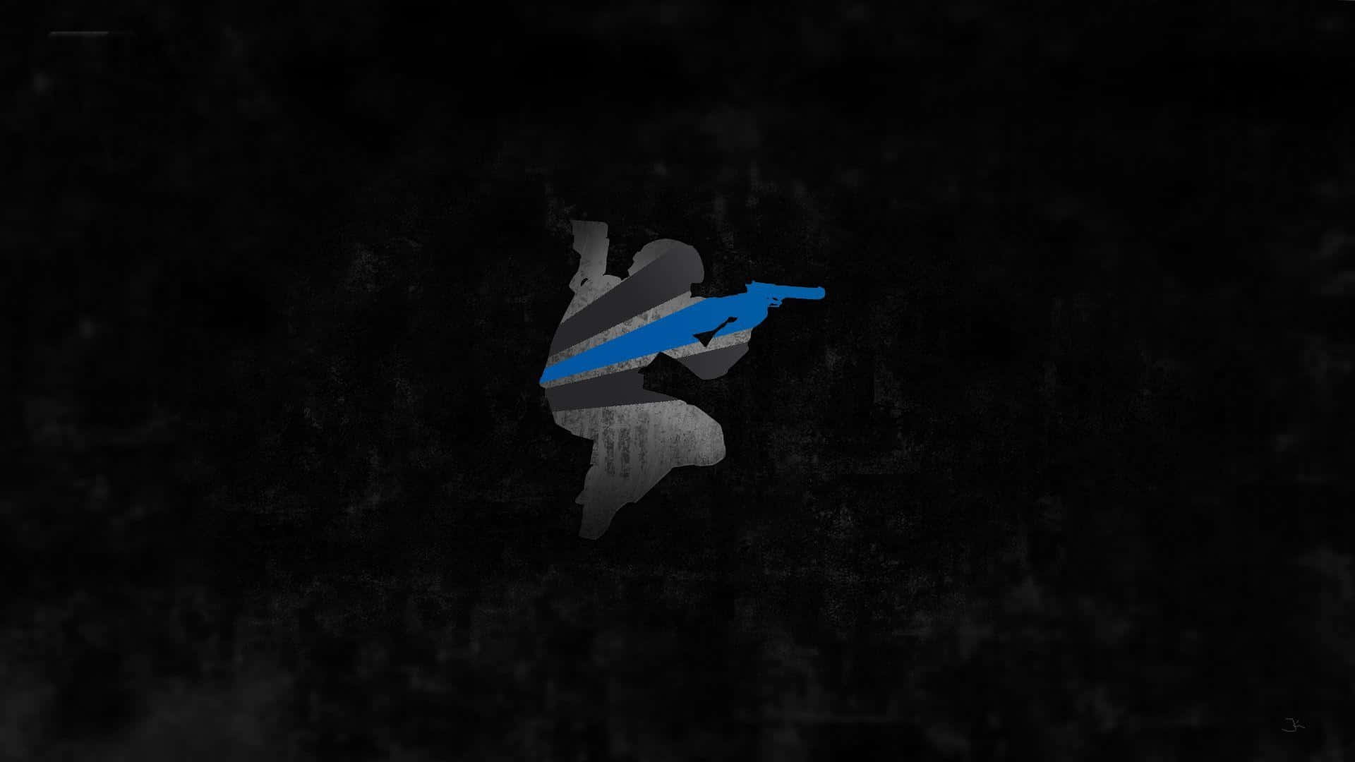 A Blue And Black Logo With A Gun Background