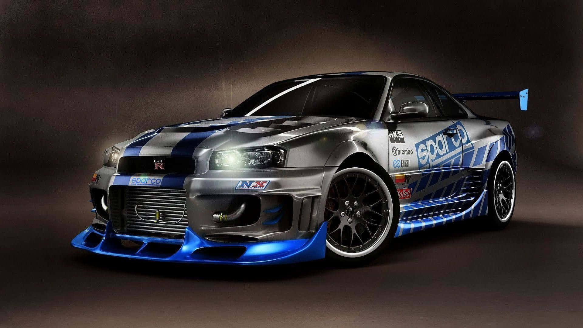A Blue And Blue Car In A Dark Room Background