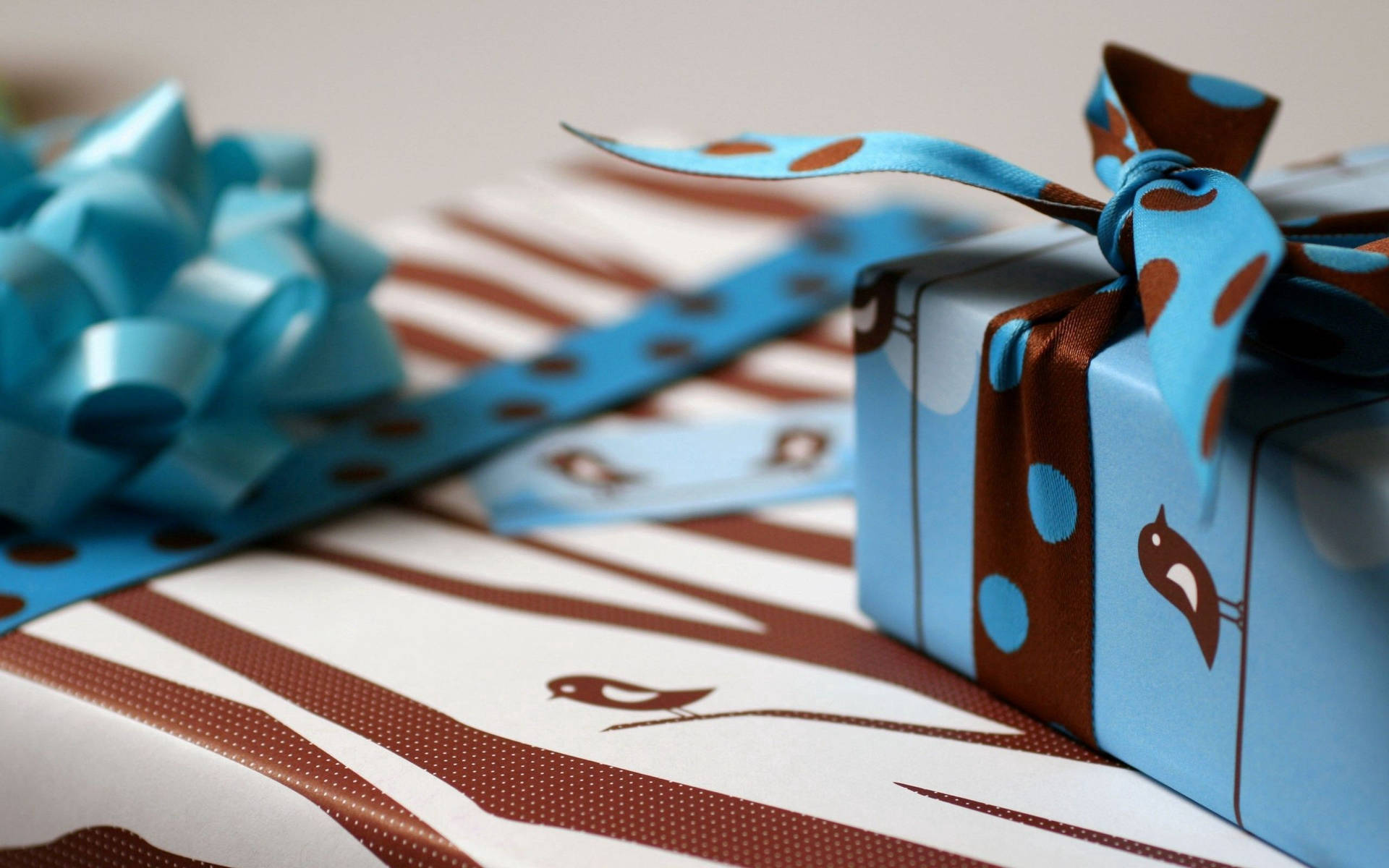 A Blue And Brown Gift Wrapped With A Bow Background