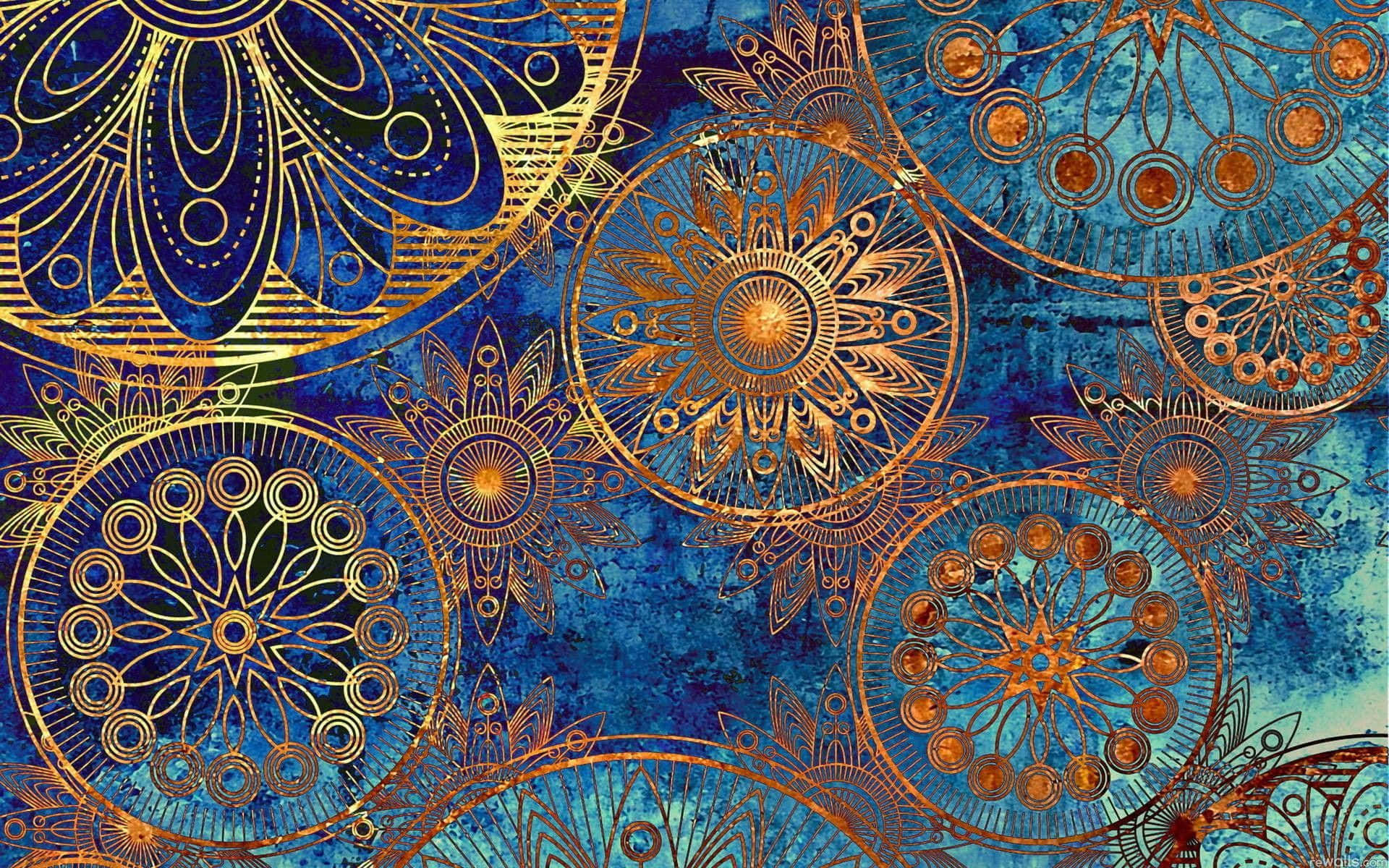 A Blue And Gold Abstract Painting With A Lot Of Circles Background