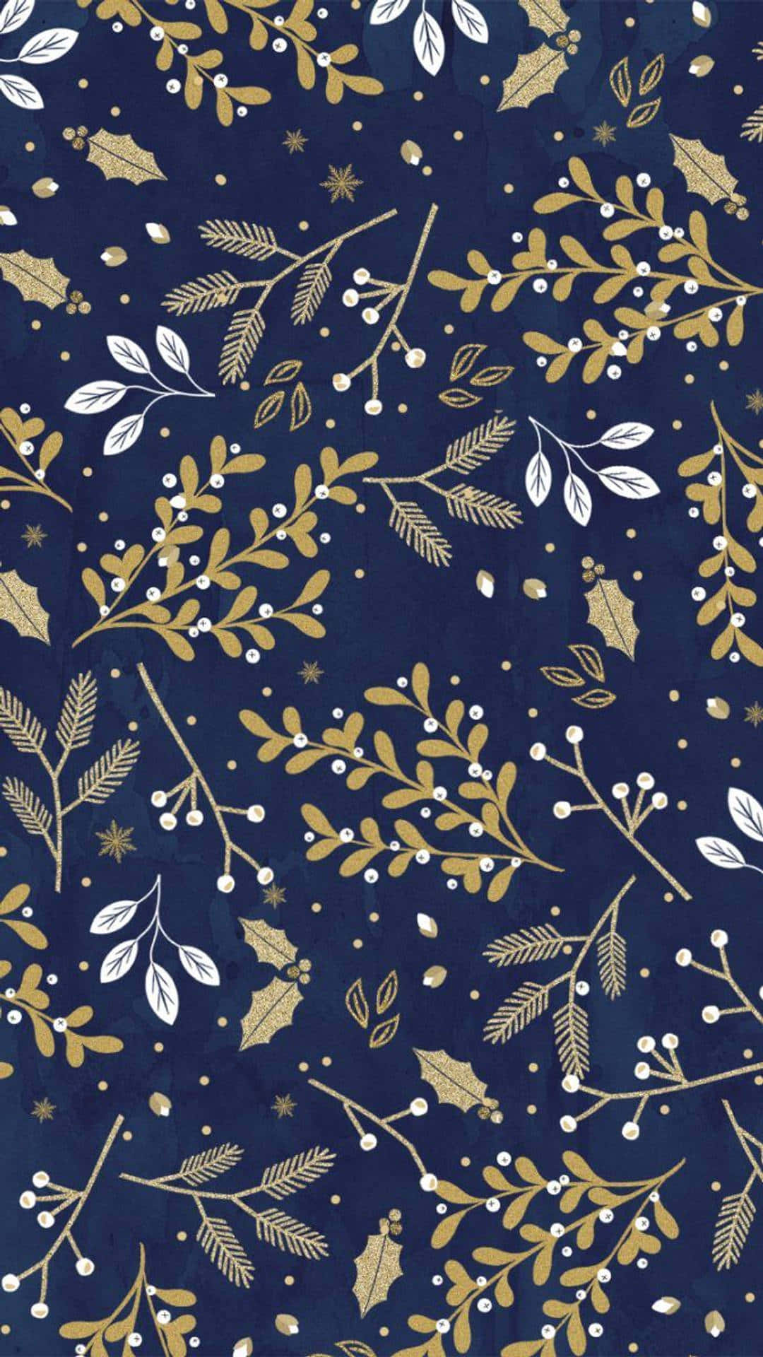 A Blue And Gold Christmas Fabric With Leaves And Branches Background