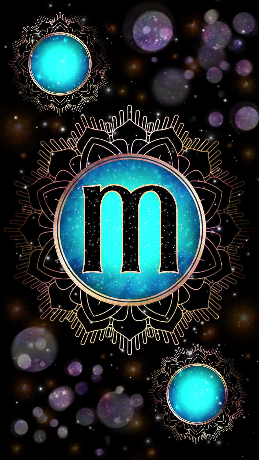 A Blue And Gold Letter M With Stars And A Moon Background