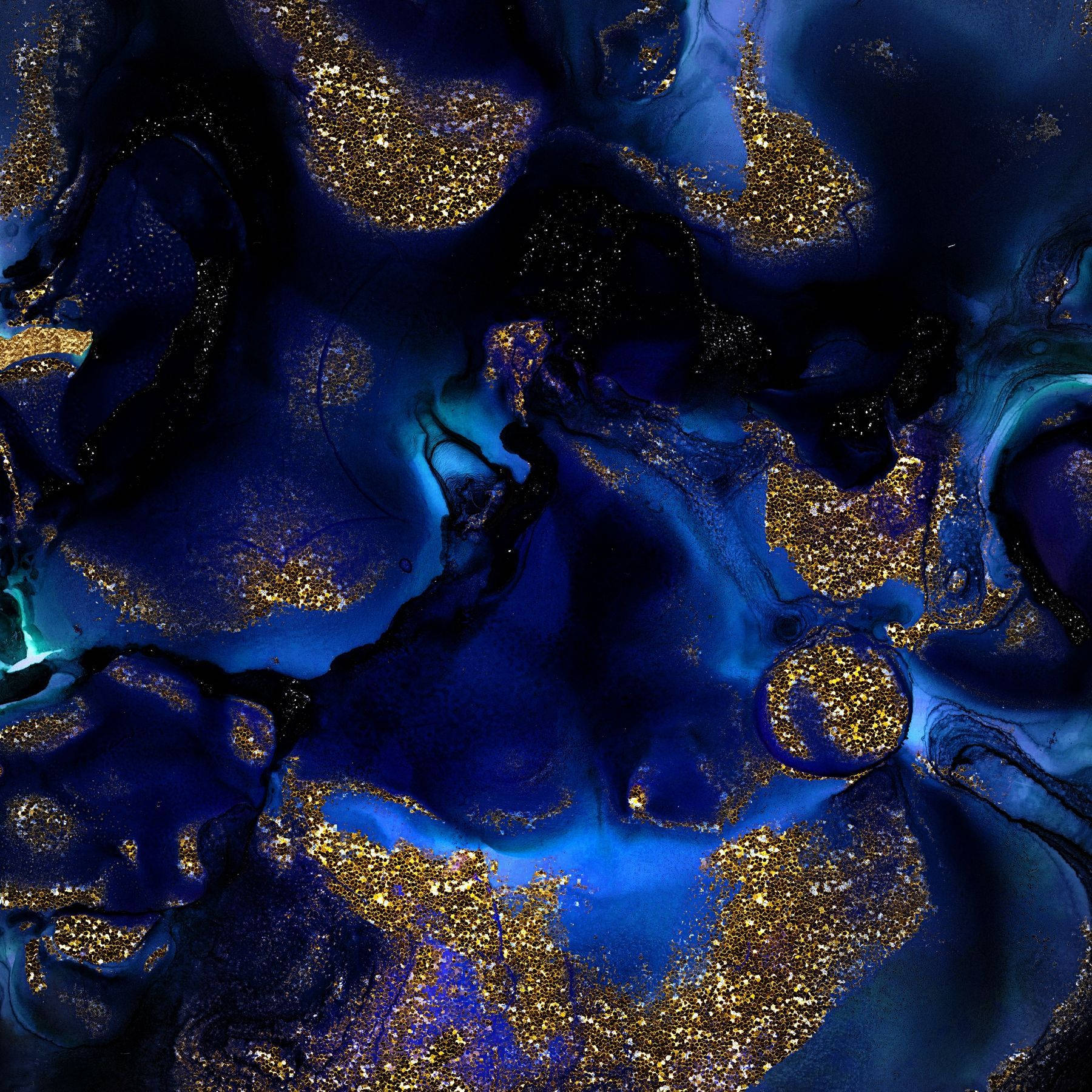 A Blue And Gold Painting With A Black Background Background