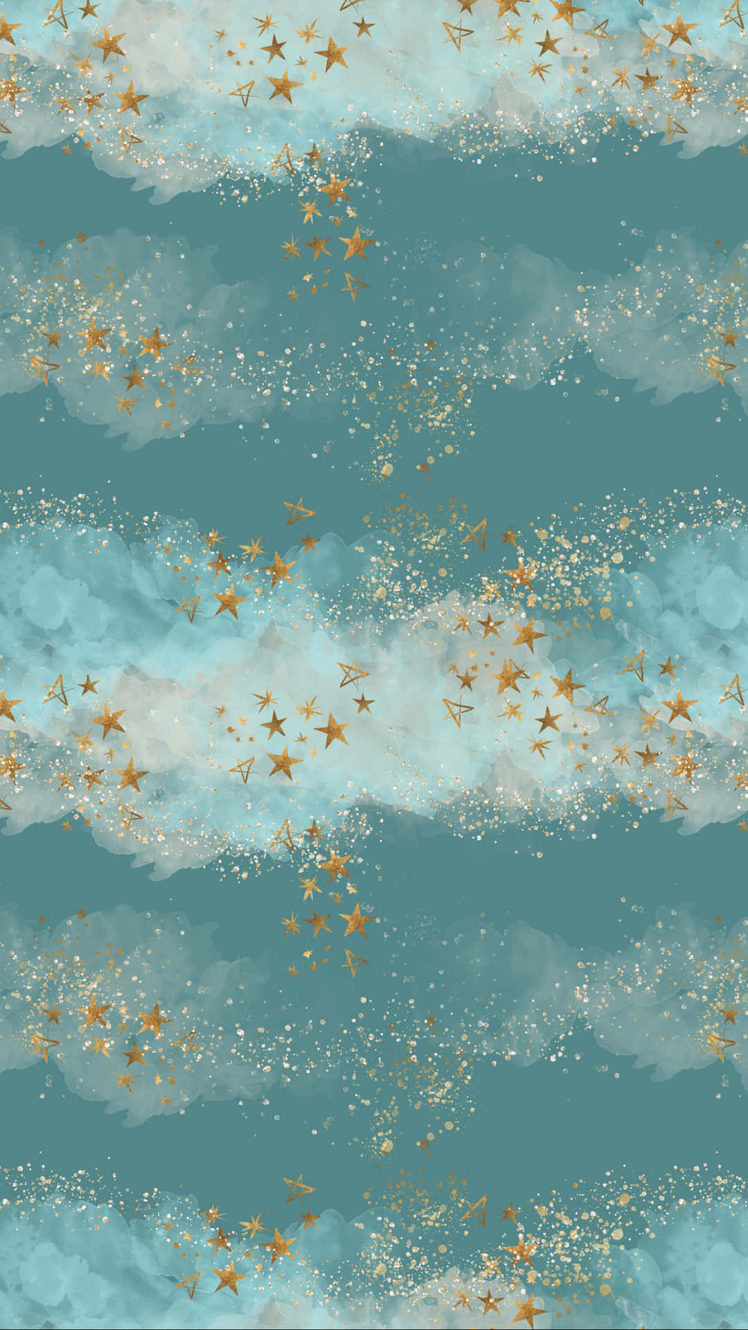 A Blue And Gold Pattern With Stars And Clouds Background