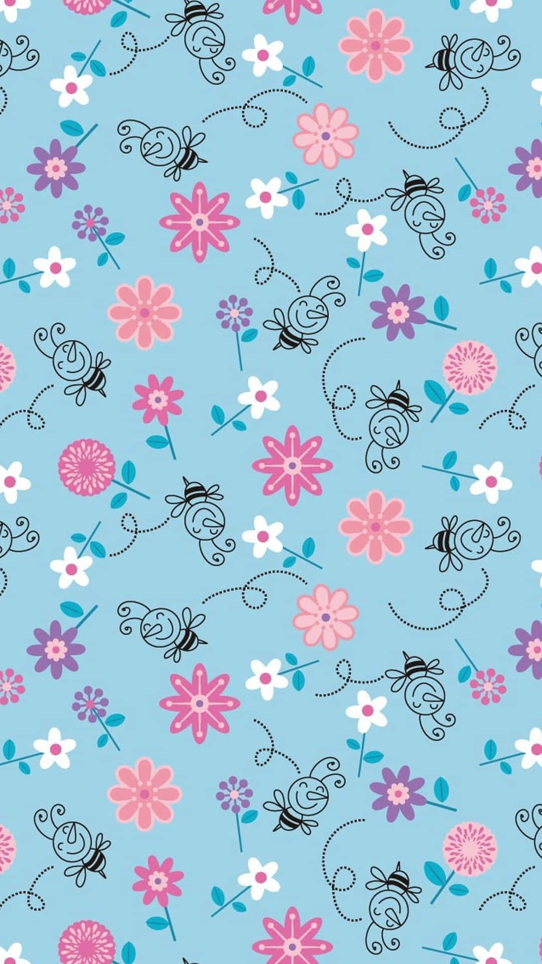 A Blue And Pink Floral Pattern With Butterflies And Flowers Background