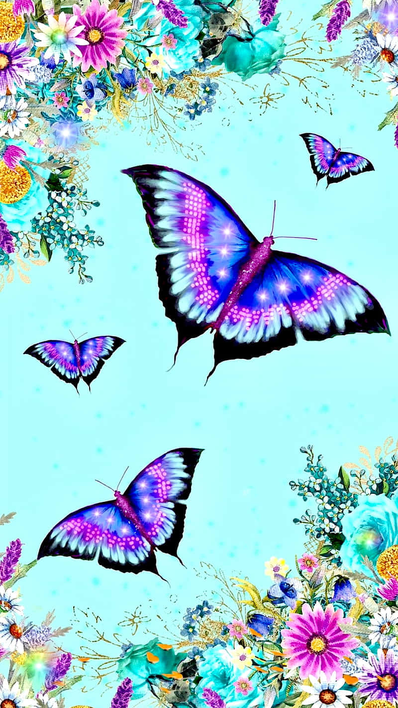 A Blue And Purple Butterfly With Flowers On A Blue Background Background