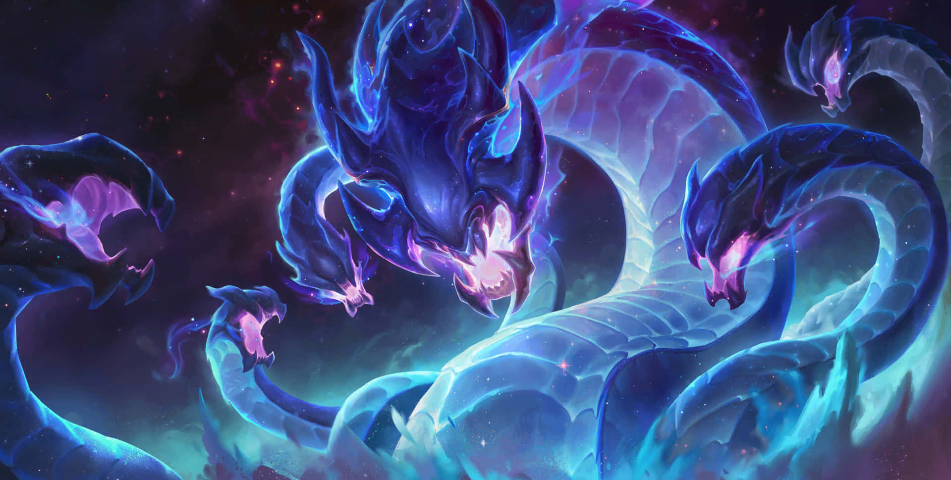 A Blue And Purple Dragon With Glowing Eyes Background