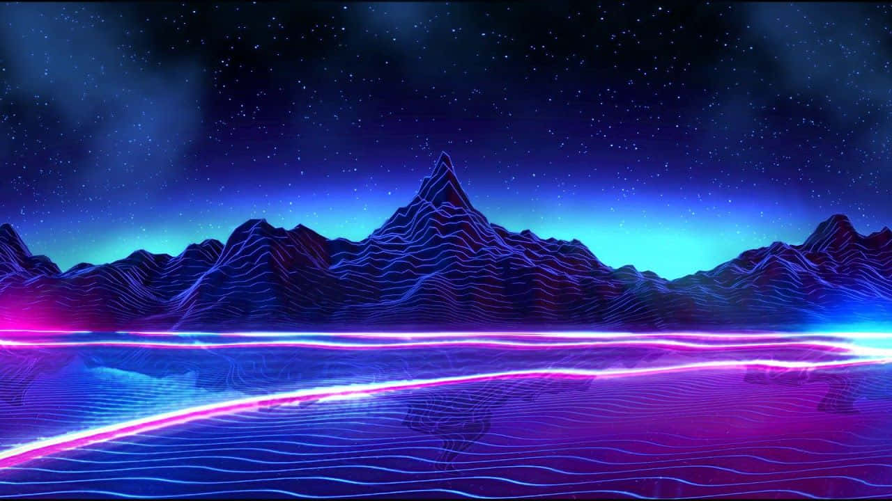 A Blue And Purple Landscape With Mountains And Lights Background