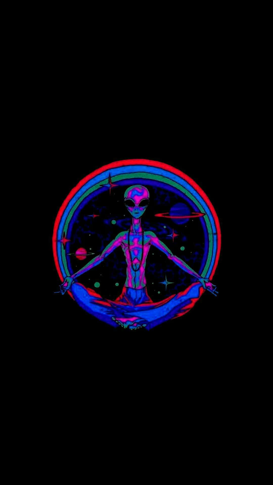 A Blue And Red Alien Sitting In A Circle Background