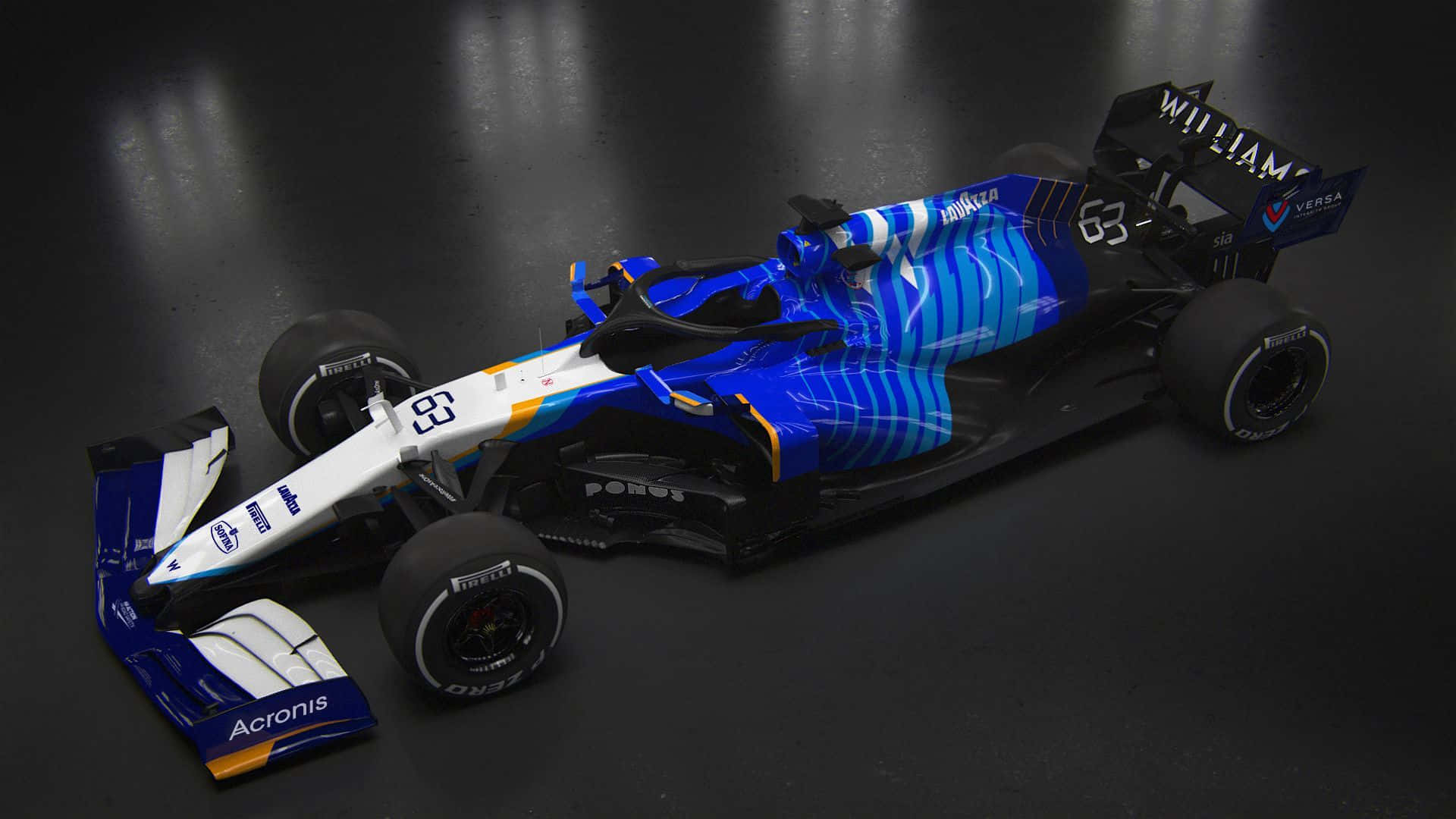 A Blue And White Racing Car In A Dark Room Background