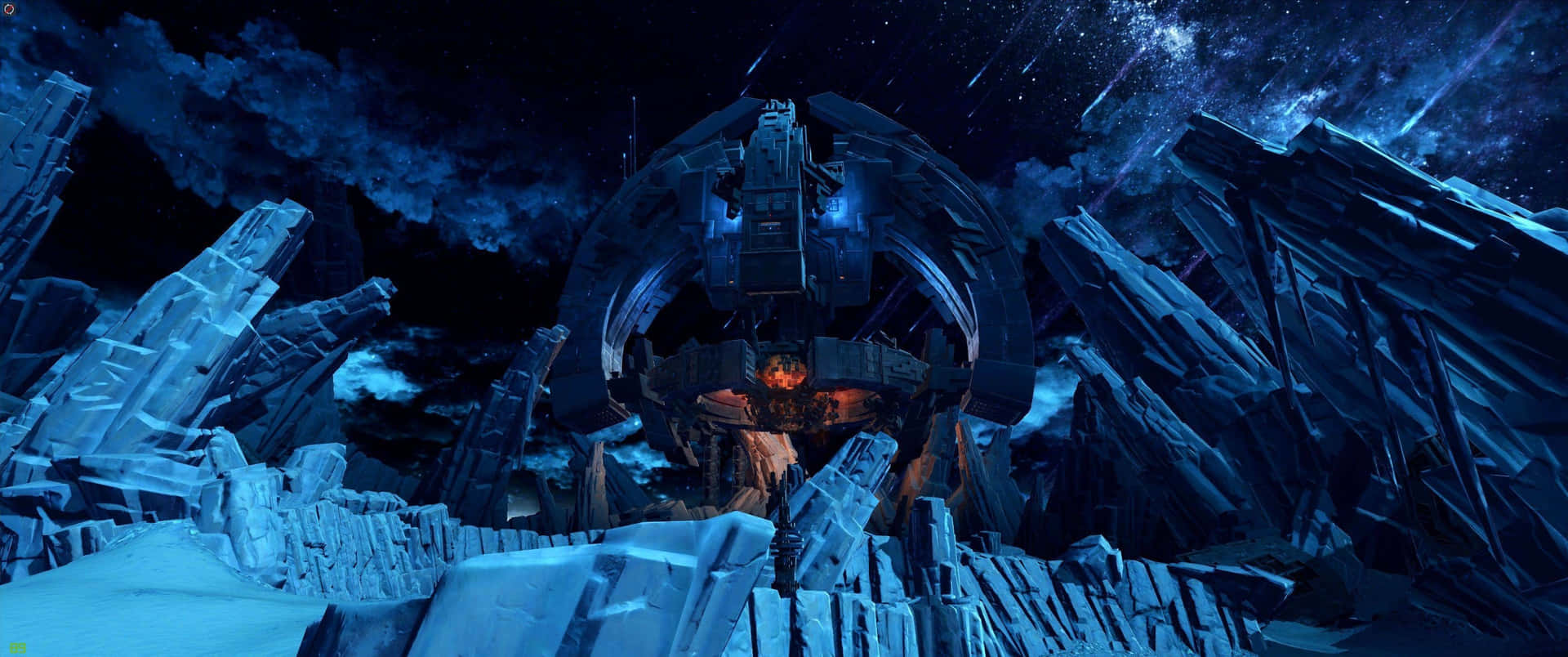 A Blue And White Scene With A Large Spaceship Background