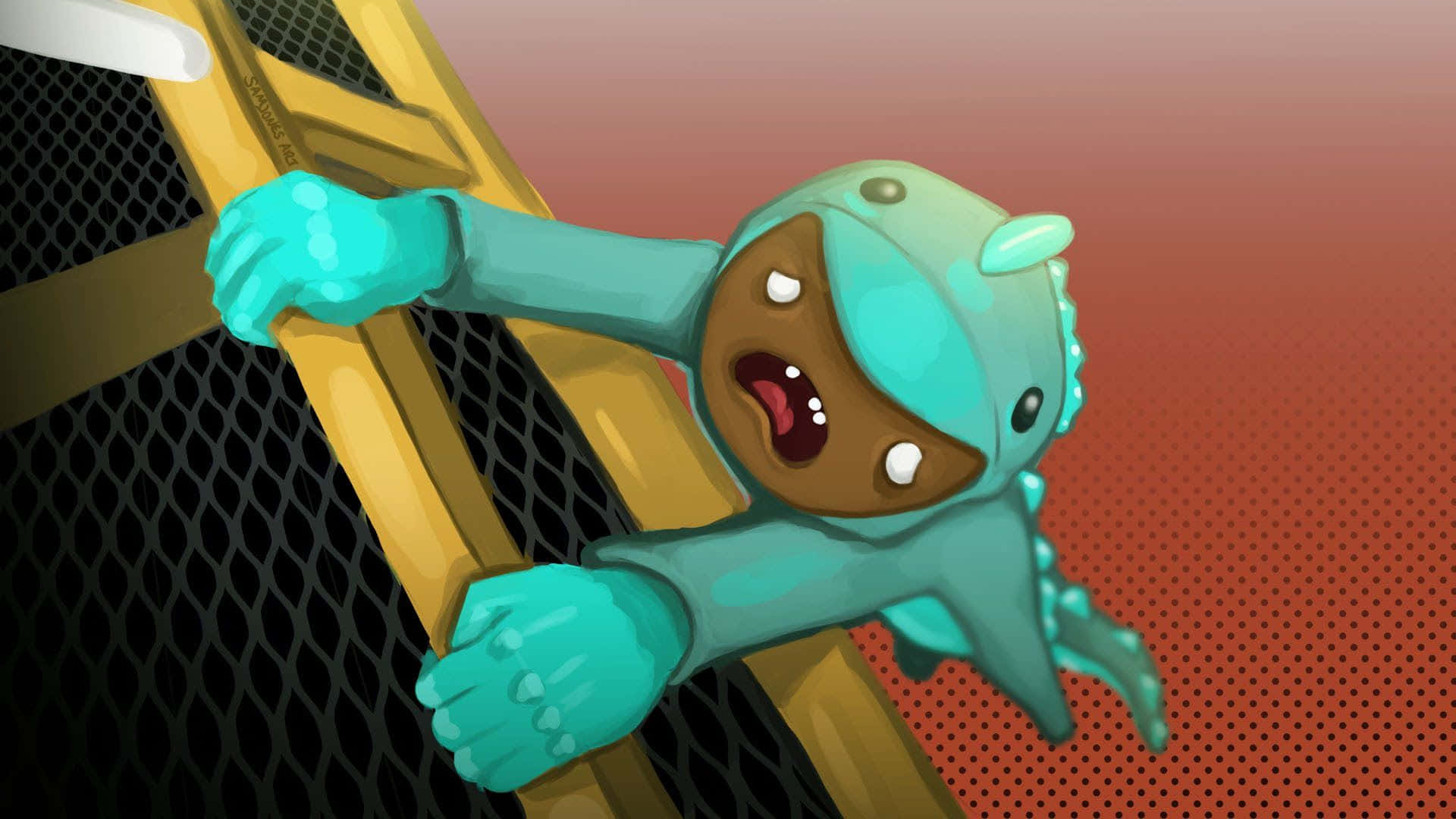 A Blue And Yellow Cartoon Character Climbing A Ladder Background