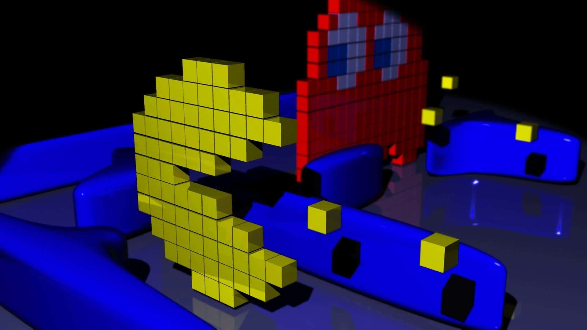 A Blue And Yellow Pixelated Image Of A Pac Man Game