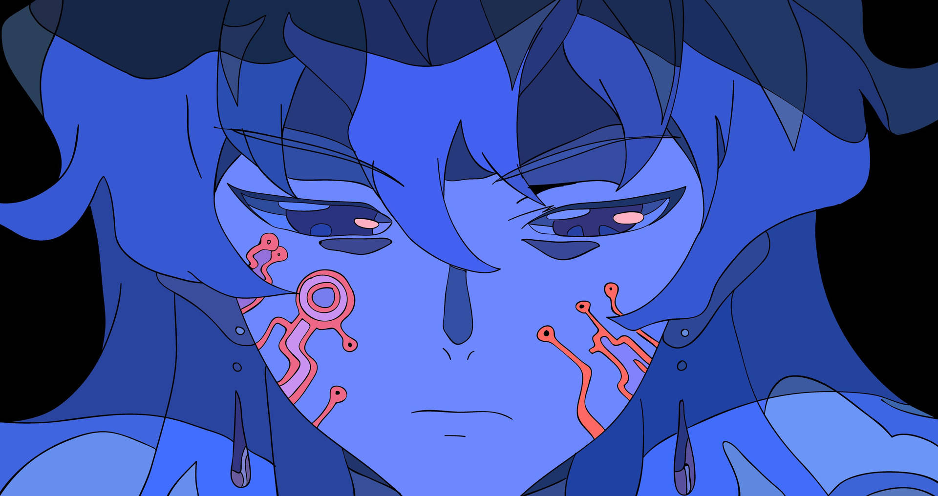 A Blue Anime Character With A Blue Face Background