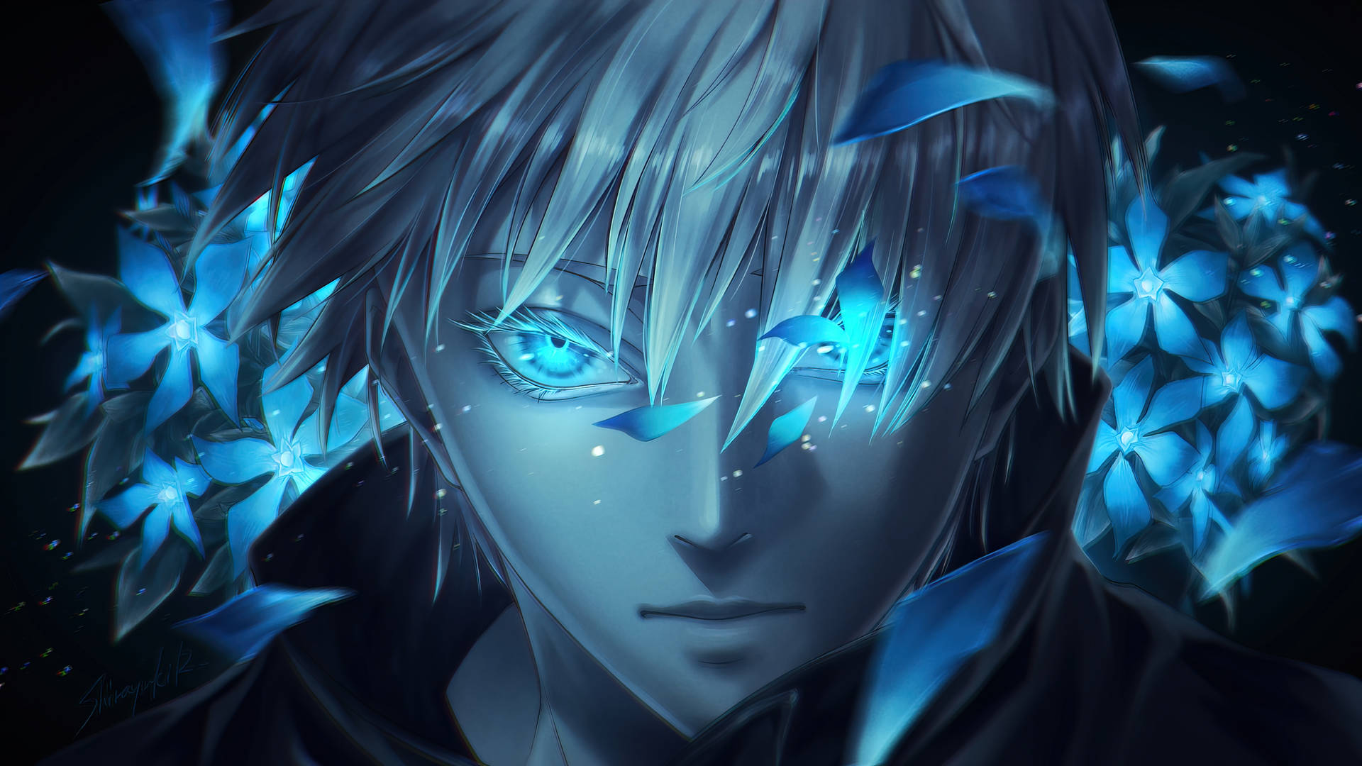 A Blue Anime Character With Flowers In His Eyes Background