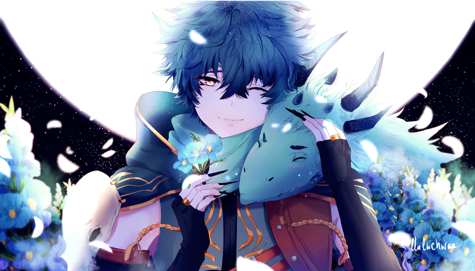 A Blue Anime Character With Flowers In His Hands Background